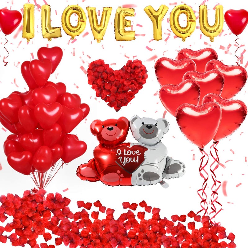 Golray 40 Pack I Love You Balloons and Heart Balloons Kit with 1000 Pcs Dark-Red Silk Rose Petals Wedding Flower Decoration Love-Bear Red Heart Balloons for Valentine Day Party Decorations - Image 1